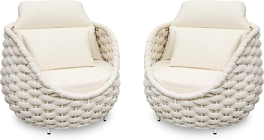 Patio Accent Chairs Set of 2: Aluminum Porch Lounge Chair with Arms - Woven Rope Cushioned Armchair - Modern One Seater Sofa - Outdoor Deck Furniture for 400lbs Balcony Yard Garden Hotel, Beige