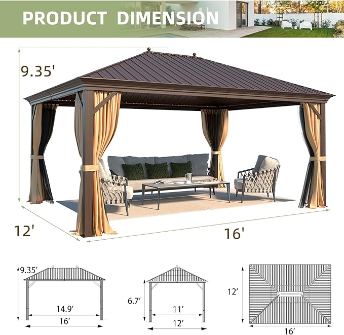 YOLENY 12' X 16' Hardtop Gazebo Galvanized Steel Outdoor Patio Gazebos Canopy Permanent Gazebo with Single Roof Aluminum Frame, Netting & Curtains for Garden, Patio, Lawns, Deck