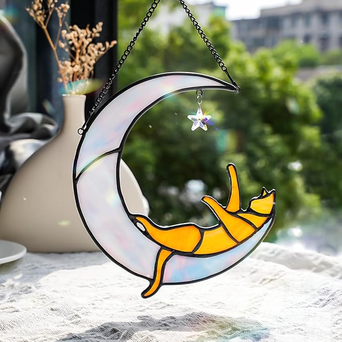 Orange Cat on Moon Stained Glass Suncatchers Star Crystal Decor,Rainbow Stained Glass Window Hangings,Funny Cat Lover Themed Gifts for Women Mom