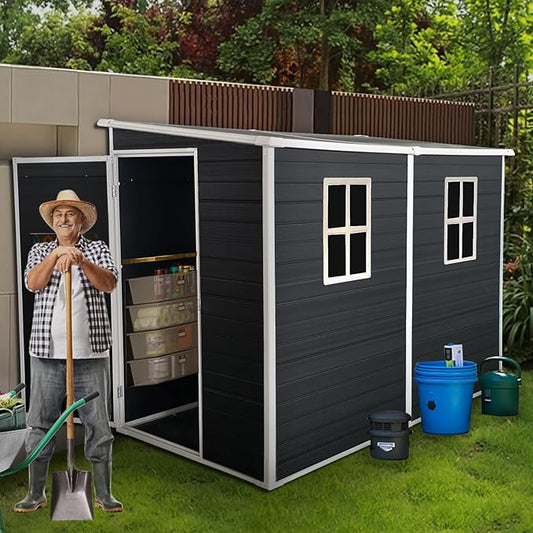 Outdoor Storage Shed, Metal Garden Shed with Double Doors, Galvanized Steel, Waterproof and Rustproof (8x4 FT Resin Shed)
