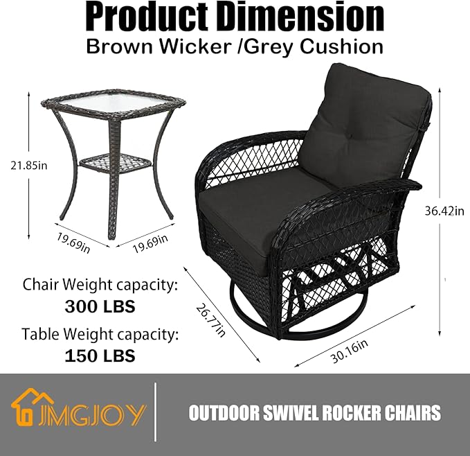 Patio Furniture Set Swivel Rocker, Outdoor Patio Chairs, 3 Piece Suit Porch Furniture Rocking Set, Backyard and Garden Rocker Rattan Chair, with Thickened Cushions and Glass Coffee Table(Grey)
