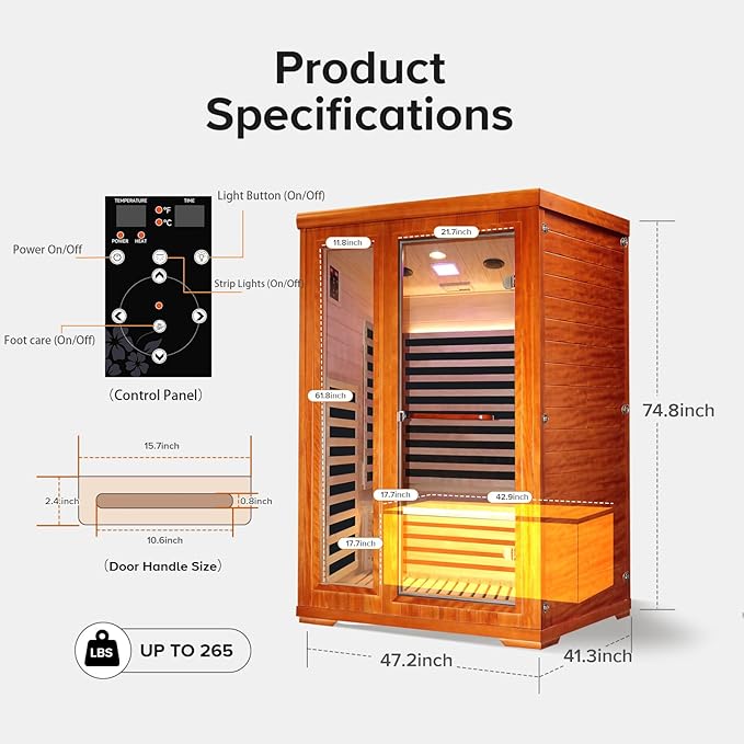 2 Person Sauna Infrared Sauna Room Far Infrared for Sauna Home Indoor 1880W/110V Low-EMF Wood Okoume Dry Sauna Two Person Sauna with Air Hole, 7 Color Therapy, Speaker (47.2 * 41.3 * 74.8 in)