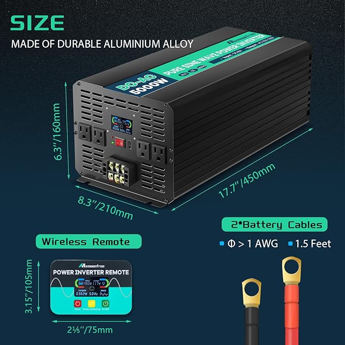 5000W 48V Pure Sine Wave Power Inverter 48V DC to 110V AC with Wireless Remote Control LCD Display 4 AC Outlets, 1 USB and Terminal Blocks for RV Truck Cabin Off Grid