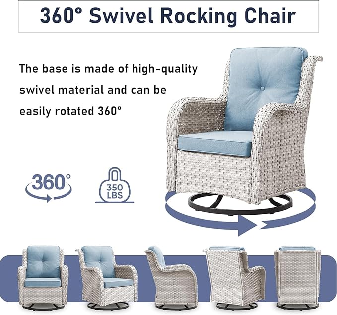 6 Pieces Patio Furniture Set with Fire Pit Table, Wicker Rattan Outdoor Furniture Set with Loveseat and Swivel Chairs for Yard, Deck, Garden, Light Beige Wicker/Light Blue Cushion