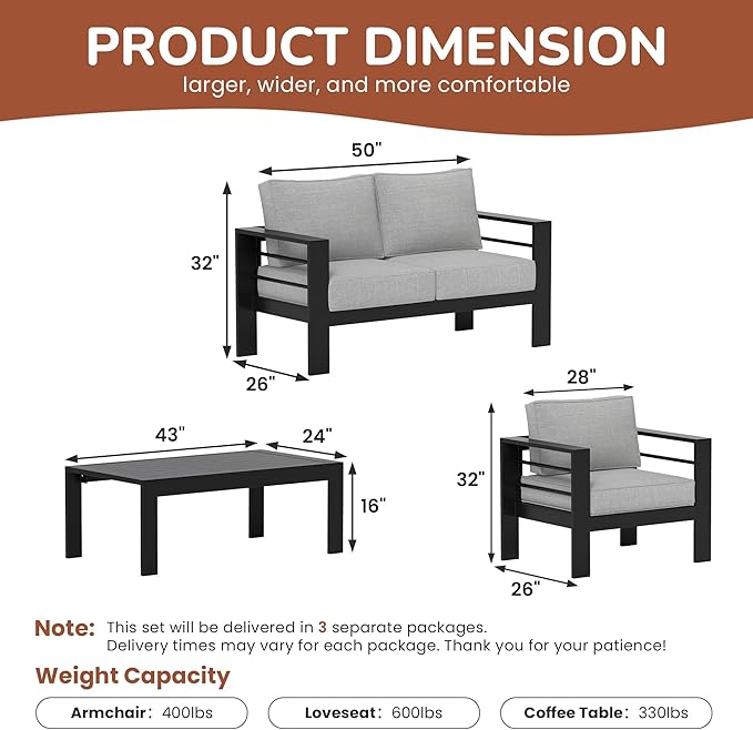 Solaste Outdoor Aluminum Furniture Set - 4 Pieces Patio Sectional Chat Sofa Conversation Set with Table,Black Frame and Grey Cushion