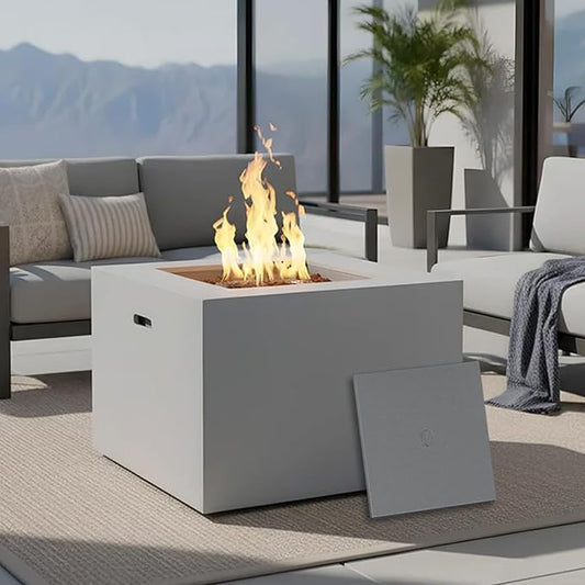 32" Smokeless Outdoor Alloy Steel Fire Pit Table w/Lid, All in One Propane Fire Table, Square Patio Firepit Table 50,000 BTUs, Lava Rocks, Weatherproof Cover, CSA Certified, for Outside Patio