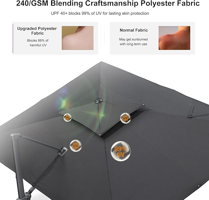 PURPLE LEAF 10' x 13' Cantilever Patio Umbrella Outdoor Umbrella with 330lbs Base Large Rectangular Windproof Offset Umbrella for Pool Deck Garden, Graphite Grey
