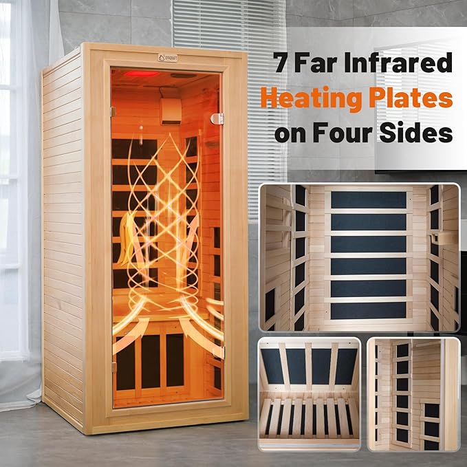 Infrared Sauna Indoor, 1 Person Hemlock Wooden Home Sauna, Dry Sauna for Home Spa Room 1350W, Time Temp Pre-Set Sauna Room, w/7 Heating Panels Mini Personal Far Infrared Saunas for Home