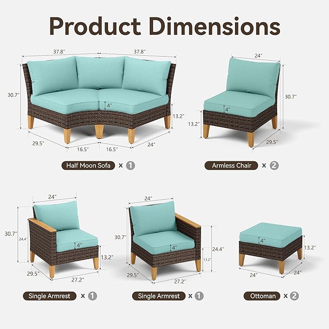 GREEN PARTY 8 Pieces Wicker Patio Furniture Set, All-Weather Outdoor Rattan Half-Moon Curved Patio Sectional Sofa Conversation Set 8 Seats with 4" Thick Cushions for Backyard, 2 x Ottomans (Blue)