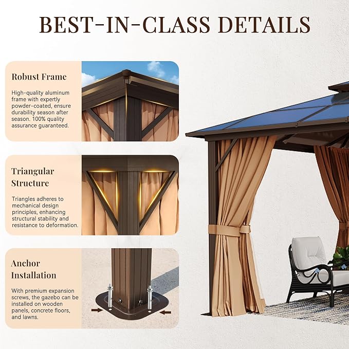 10'x12' Hardtop, Double Roof Gazebo, Aluminum Frame Permanent Pavilion with Netting and Curtains, Outdoor Polycarbonate Gazebo, for Patios, Gardens, Lawns