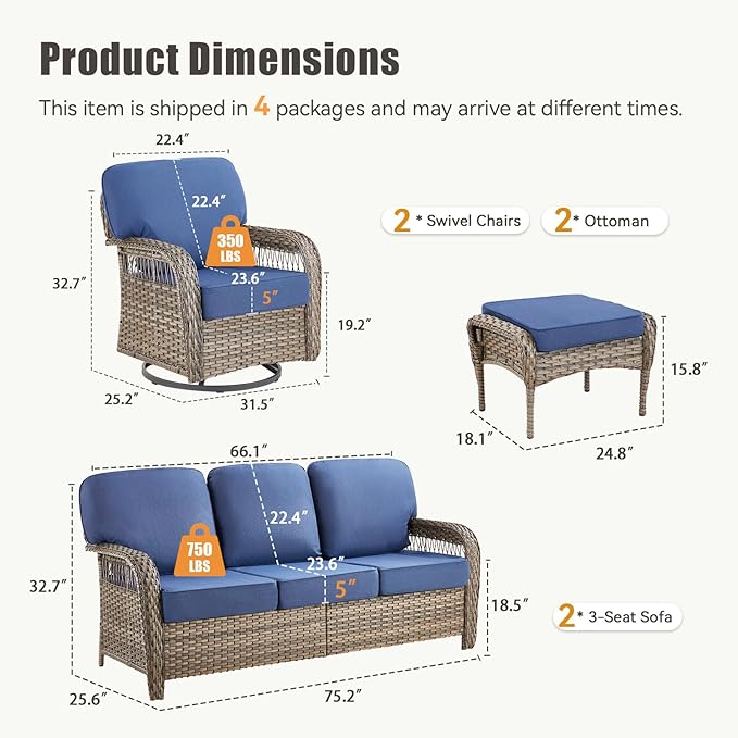 6 Pieces Patio Furniture Set Outdoor Sectional Sofa Couch with Rocking Swivel Chairs 5" Deep Seat Chairs, 2 Sofa Sets Modern Wicker Rattan Conversation Set, Blue/Gray Wicker