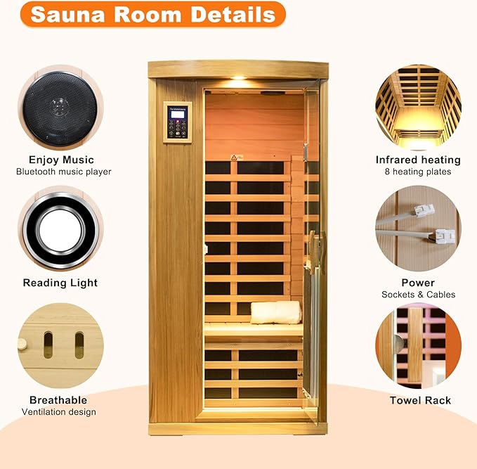 Infrared Sauna Home Sauna Box Deluxe 1 Person Red Cedar Indoor Far Infrared Sauna Room with LED Reading Light, Control System, Audio System, Bean Paste Red