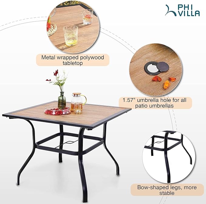 PHI VILLA 5 Piece Outdoor Dining Set for 4, 37” Metal Steel Dining Table with Wood-Like Tabletop & Stacking Wrought Iron Chairs for Patio, Deck, Yard