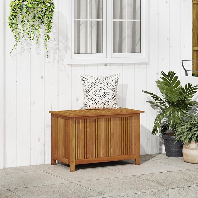 vidaXL Wooden Deck Box - Outdoor Teak Storage Chest, Ideal for Patio Furniture Cushions, Pool Accessories, Garden Tools - Water-Resistant Bag Inside - 35.4''x19.7''x22.8'', Solid Acacia Wood