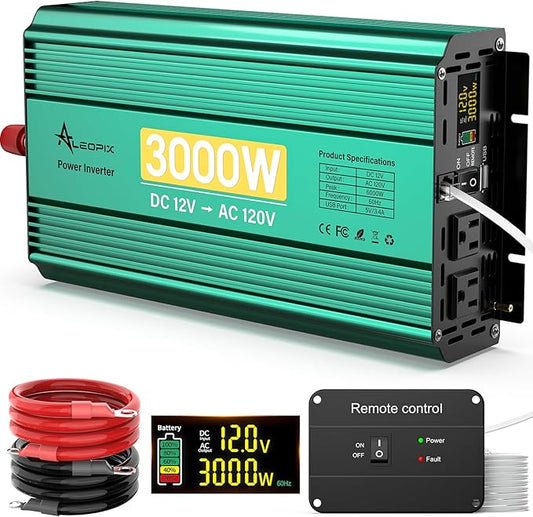 3000 Watt Inverter 12V to 110V/120V 6000W Peak Truck Power Inverter for Vehicles, Modified Sine Wave AC to DC Converter for RV Home with 2 AC Outlets 3.4A USB Port LED Didplay Remote Controller