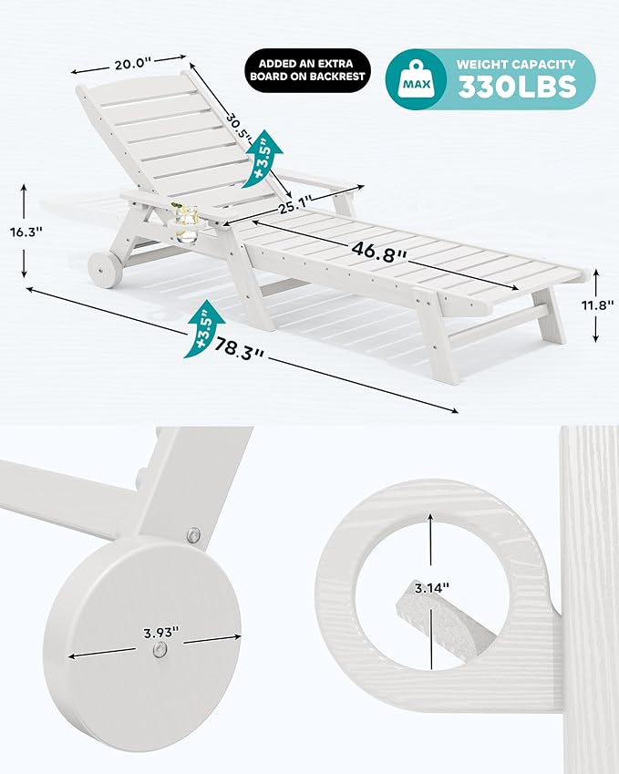 SERWALL Patio Chaise Lounge Chair Set of 2, 78'' Long 5-Positions Adjustable HDPE Outdoor Lounge Chair for Pool, Poly Lounge Chair with Rolling Wheels & Cup Holder for Poolside, Deck, White