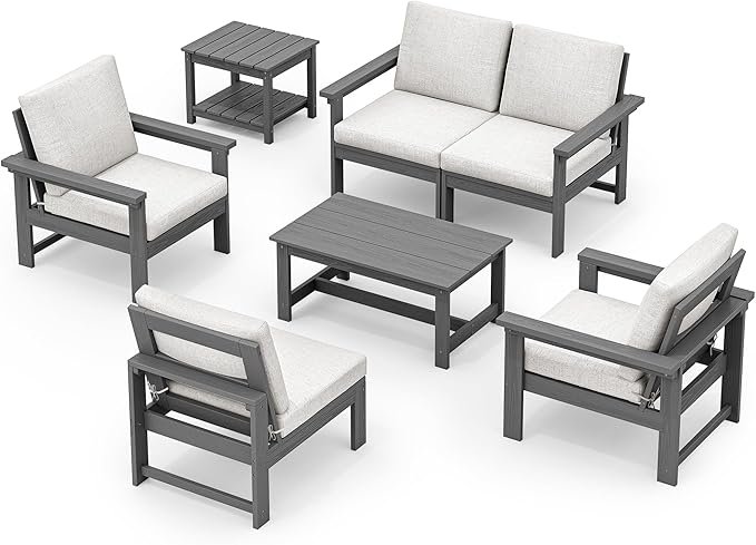 SERWALL HDPE Patio Furniture Set, 7-Piece Outdoor Sectional Sofa Set, All Weather Outdoor Couch Set for Deck, Lawn, Grey Frame with Khaki Cushion