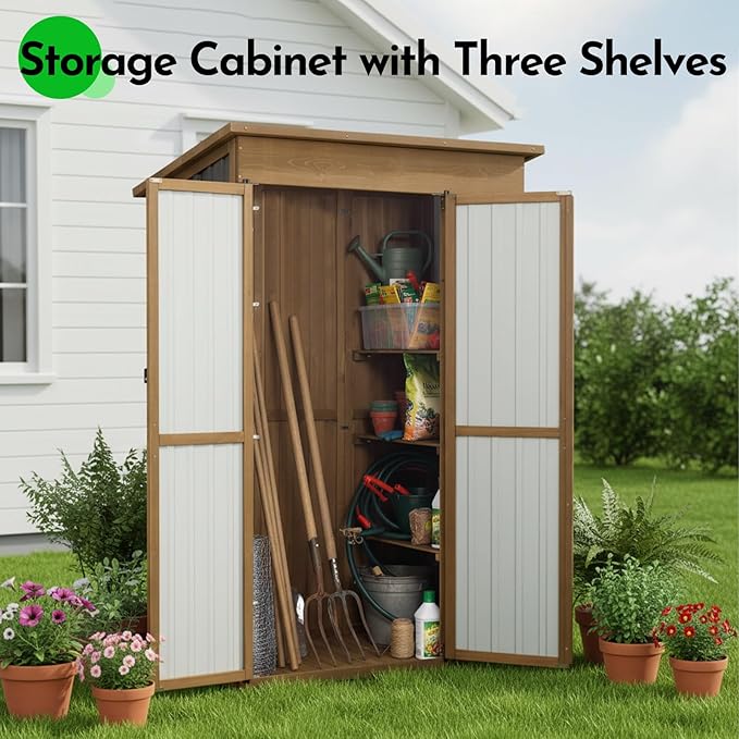 Large Storage Shed, Wood & Metal Outdoor Storage Cabinet with External Foldable Table,Waterproof Roof,Three Shelves, Outdoor Cabinets for Patio Backyard, Garden Garage Tool Shed, Brown