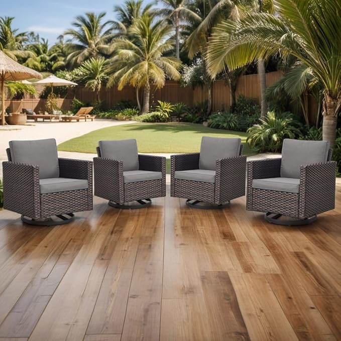 Luxury Outdoor Swivel Patio Chairs Set of 4, Wicker Swivel Outdoor Chairs Set of 4, 4 Piece Furniture Set for Porch, Deck, Sunroom, Yard, Poolside, Brown/Grey