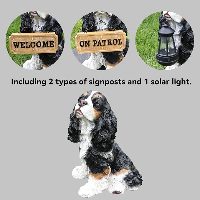 Cavalier King Charles Spaniel Statue Outdoor Decorations – Outdoor Dog Statue Black and White Cavalier King Charles Spaniel with Replaceable Solar Light & Welcome Sign for Lawn Décor