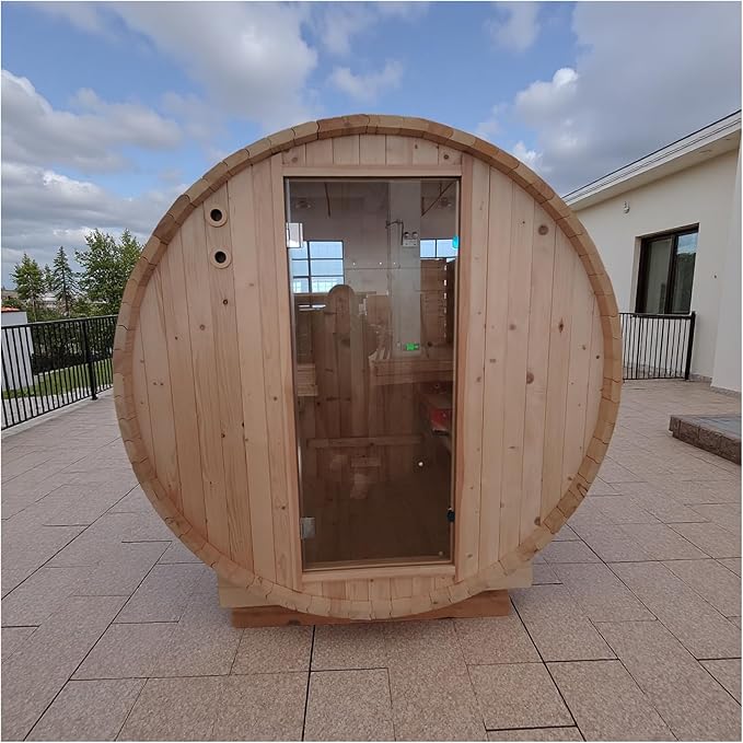 ZONEMEL Outdoor Barrel Steam Sauna, Canadian Red Cedar Sauna Room for 2 Person with 4.5KW ETL Certified TOULE Heater, Rocks, 8mm Tempered Glass, Waterproof System