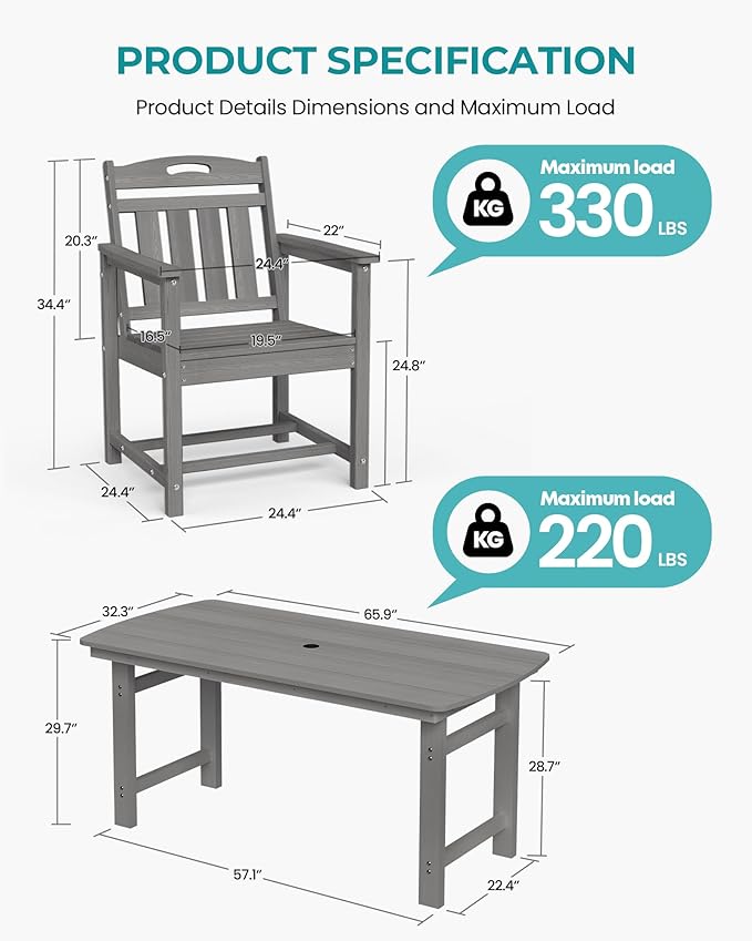 HDPE Outdoor Patio Dining Set with Table & 6 Chairs, All-Weather 7-Piece Outdoor Table and Chairs, 2" Umbrella Hole, Patio Furniture for Garden, Backyard, Deck | Grey