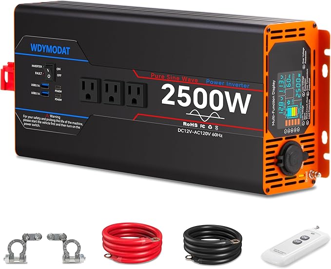 2500W Pure Sine Wave Inverter, Car Power Inverter 12V to 110V 120V, DC to AC Converter Generator with AC Outlets 3.0A USB Type-C, Remote Controller LCD Display Truck Inversor for Vehicles, RV