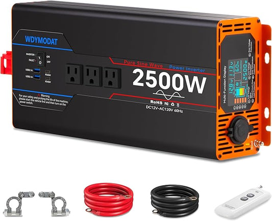2500W Pure Sine Wave Inverter, Car Power Inverter 12V to 110V 120V, DC to AC Converter Generator with AC Outlets 3.0A USB Type-C, Remote Controller LCD Display Truck Inversor for Vehicles, RV
