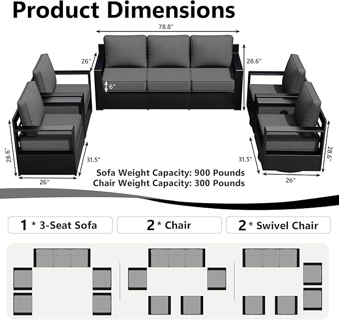 Outdoor Patio Furniture Set, 5-Piece Aluminum Patio Conversation Set All-Weather Metal Outdoor Sectional with 6 Inch Thick Cushions, Deep Setting for Garden, Outside and Porch