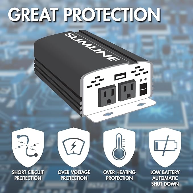 Wagan EL3718 800W Slim Line AC to DC Power Inverter 800W TrueRated Continuous 1600W Surge Power DC 12V to AC 110V Power Inverter with 2 AC Outlets and 2A USB Charging Port