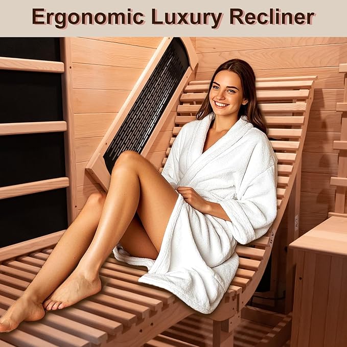 Smartmak Full Spectrum Infrared 2 Person Sauna Room, Red Light Therapy Luxury Wood Home Sauna with Recliner, Canadian Red Cedar Indoor Dry Saunas Spa, 3400W with 10 Heaters, Speaker, Light, Oxygen Bar