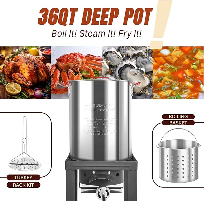 36QT Turkey Fryer Kit, Waterproof Cover & 12-inch Skimmer, 55,000BTU Propane Burner Stove, Aluminum Turkey Fryer Pot, Outdoor Deep Fryer, Crawfish Boiler with Basket