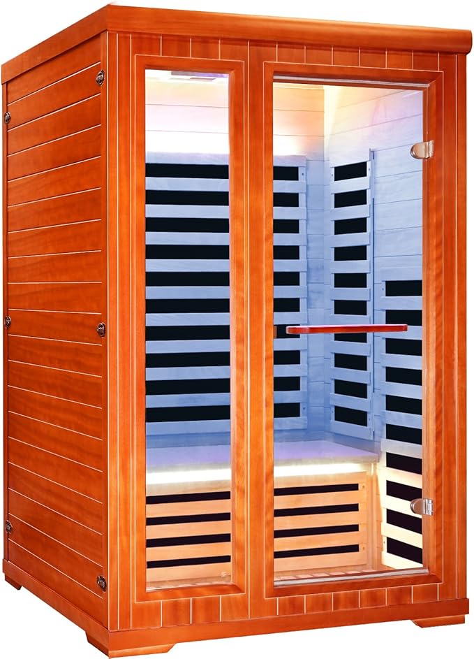 Sauna Infrared Sauna 2 Person Sauna Room Far Infrared for Sauna Home Indoor 1880W/110V Low-EMF Wood Okoume Dry Sauna Two Person Sauna with Air Hole, 7 Color Therapy, Speaker - 47.2 * 41.3 * 74.8 in