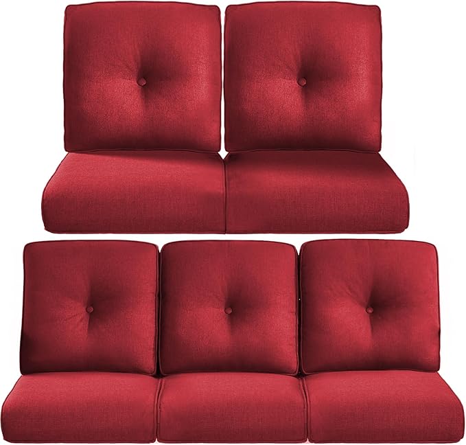 Pop 22x25/22x24 Outdoor Cushions for Patio 5 Piece Set - Set of 5 Water-Resistant Replacement Cushion for Wicker Dining Rocking Swivel Chairs Loveseat Couch Sectional Sofa - Red/Button