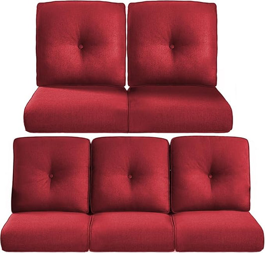 Pop 22x25/22x24 Outdoor Cushions for Patio 5 Piece Set - Set of 5 Water-Resistant Replacement Cushion for Wicker Dining Rocking Swivel Chairs Loveseat Couch Sectional Sofa - Red/Button