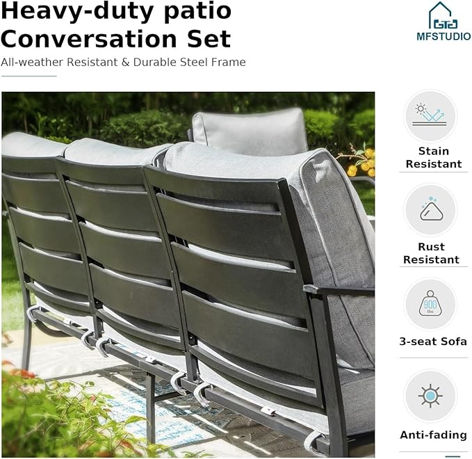 MFSTUDIO 4 Piece Patio Conversation Sets, All Weather Metal Frame Outdoor Furniture Set Patio Sofas with 1 x 45 Rectangular Fire Pit Table, 1 x 3-Seat Sofa, 2 x Rocking Chairs, Grey Cushion