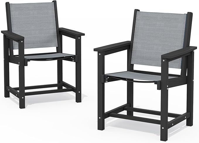 SERWALL Textilene Outdoor Dining Chair Set of 2, HDPE Frame with Textile Chair Seat, Holds up to 300 LBS, All Weather Chairs for Lawn, Garden, Yard and Poolside, Black