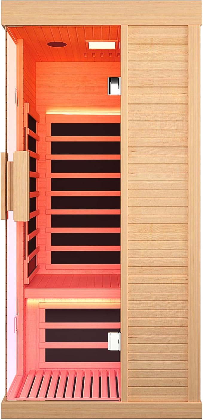 Sauna Room Indoor Far Infrared Saunas Home Canadian Hemlock 1420W Low-EMF Dry Saunas Single Person Spa with Oxygen Bar 7 Color Therapy 33.5 * 33.5 * 70.8 inch