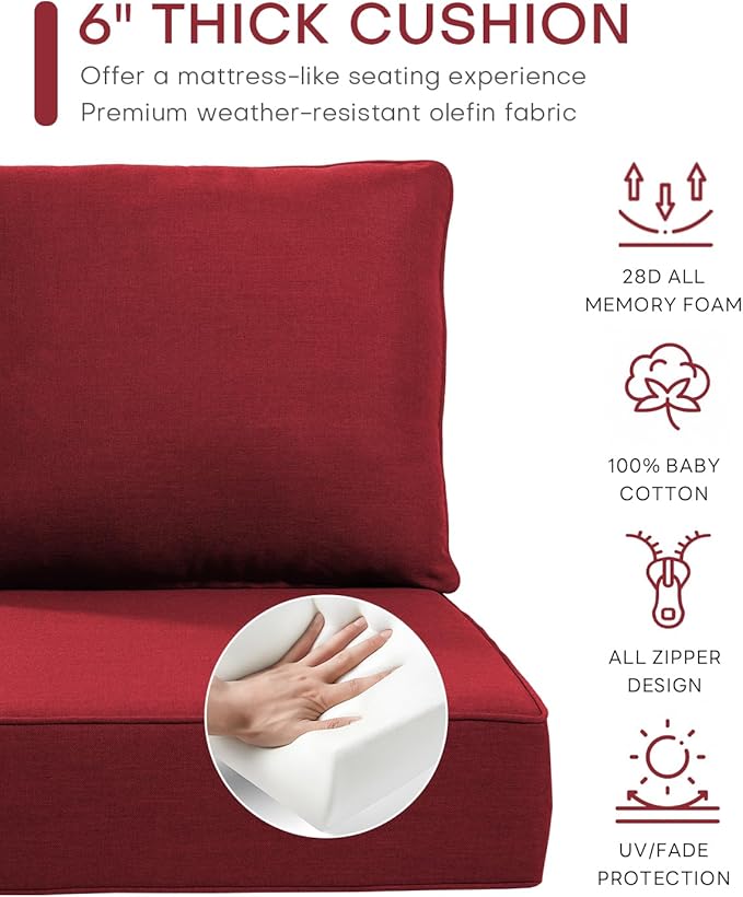 Luxury 22x24/22x25 6-Inch Outdoor Deep Seat Cushions Set of 6 - Comfortable Patio Zipper Chair Cushion for Outside Wicker Dining Rocking Swivel Chairs Loveseat Couch Sectional Sofa - Red