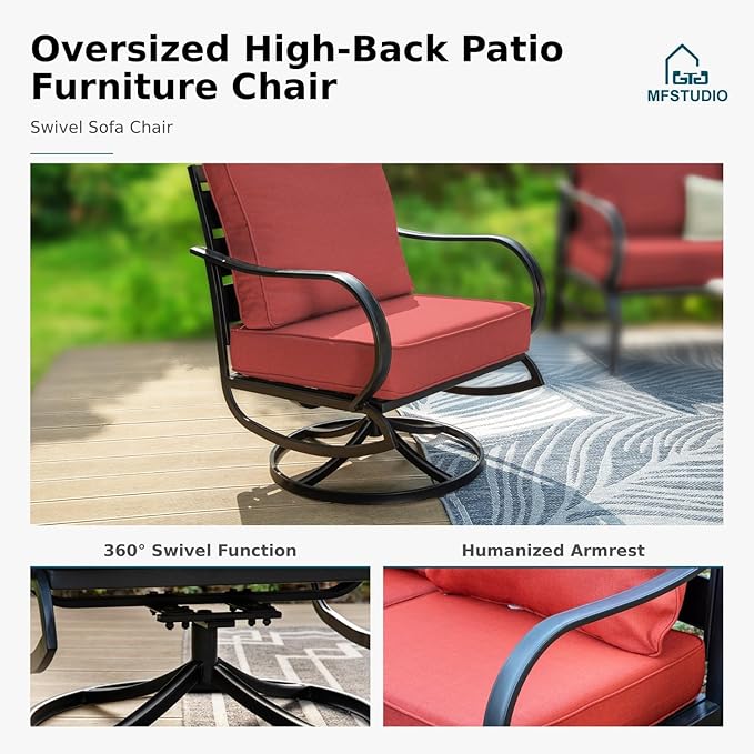 MFSTUDIO Metal Patio Conversation Sets, Outdoor Furniture Sofas Set of 2, 2 Pieces Durable Steel Frame Patio Swivel Chairs with 5.8" Burgundy Red Cushions for Patio Garden Backyard Balcony