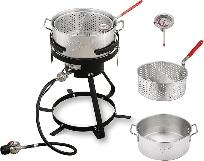 10 Qt Aluminum Outdoor Propane Gas Fish Fryer Pot Kit with Strainer Basket, 50,000 BTU Burner, Adjustable 0-5 PSI Regulator, Perfect for Boiling and Frying