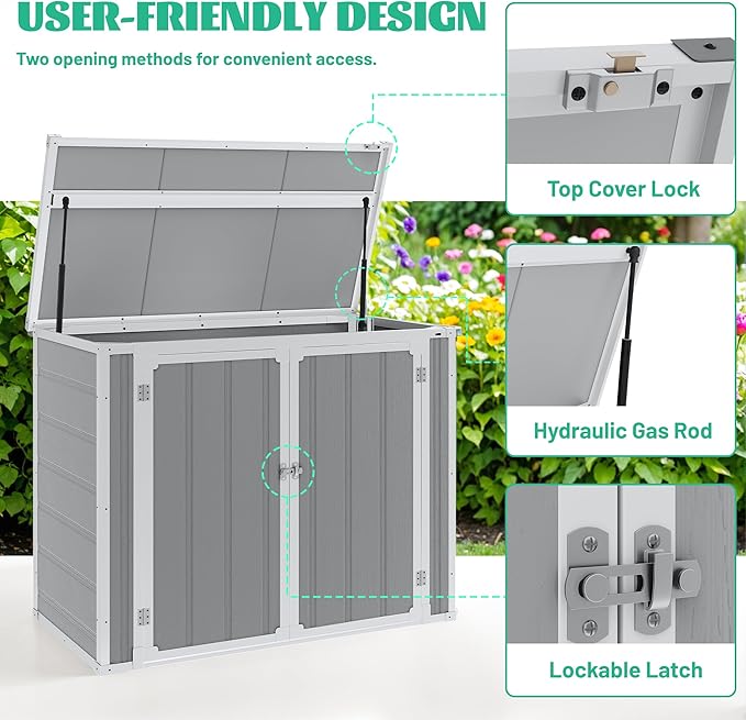 Seizeen 41 Cu.Ft Resin Shed with Floor, 4.7x2.5 FT Outdoor Horizontal Storage Shed for Trash Cans and Garden Tools, Waterproof Outdoor Plastic Shed for Lawn Mower, Pool Toys, Bicycle (Light Gray)