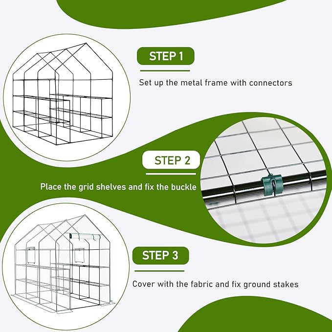 Outvita Walk-in Greenhouse, Outdoor Durable PE Plant Green House for Frost Protection with 3 Tiers 12 Shelves, Shelf Clips, Roll-up Zipper Door, 56"x85"x77" White