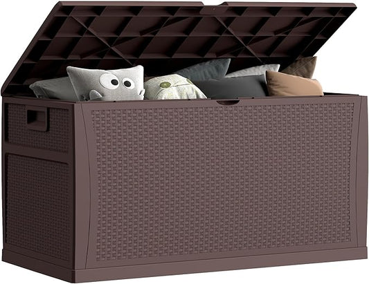121 Gallon Outdoor Storage Box Large, Lockable Outside Storage Containers Waterproof Patio Cushions Storage Deck Boxes, Rattan Plastic Garden Hose Storage Boxes Resin Pool Storage Bins, Brown