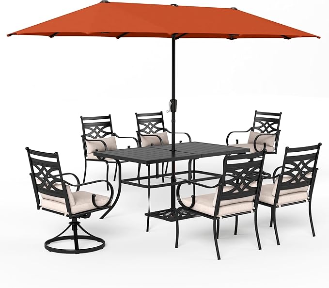 Sophia & William Patio Dining Set for 6 | 13ft Patio Umbrella Red | 4 Fixed Chairs | 2 Swivel Patio Dining Chairs | Removable Seat Cushions | Black 59" Patio Dining Table