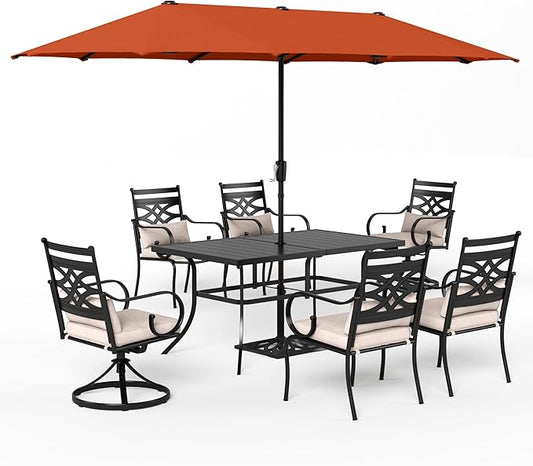 Sophia & William Patio Dining Set for 6 | 13ft Patio Umbrella Red | 4 Fixed Chairs | 2 Swivel Patio Dining Chairs | Removable Seat Cushions | Black 59" Patio Dining Table