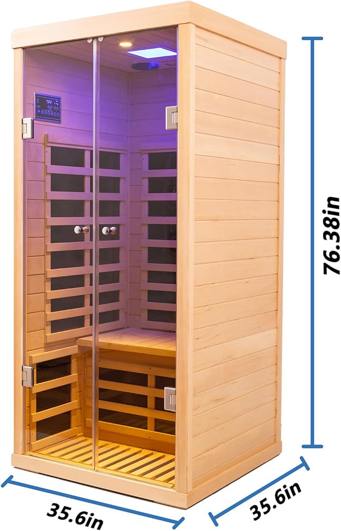1 Person Infrared Sauna for Home Deluxe Transparent Large Glass Hemlock Wood Low EMF FAR Infrared Sauna, 1420 watts 7 Heating Panels Indoor Personal Saunas with Blue-Tooth, LCD Display