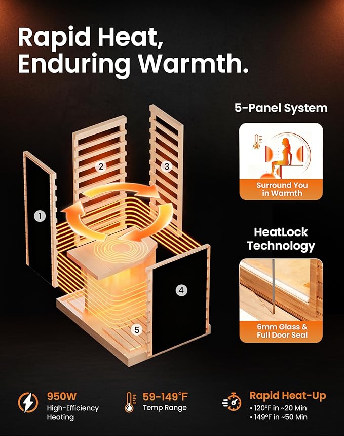 PAETA Infrared Sauna | 1-Person Indoor Dry Sauna with 5 Carbon Heaters | Fast & Even Heating Low EMF | Bluetooth & Chromotherapy for Home Sauna(Wooden)