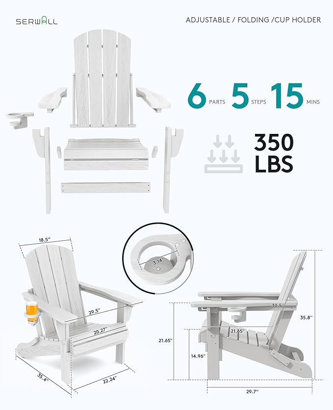 SERWALL Folding Adirondack Chair Set of 4, Reclining Adirondack Chair with 3 Recline Positions, All Weather HDPE Outdoor Adirondack, White