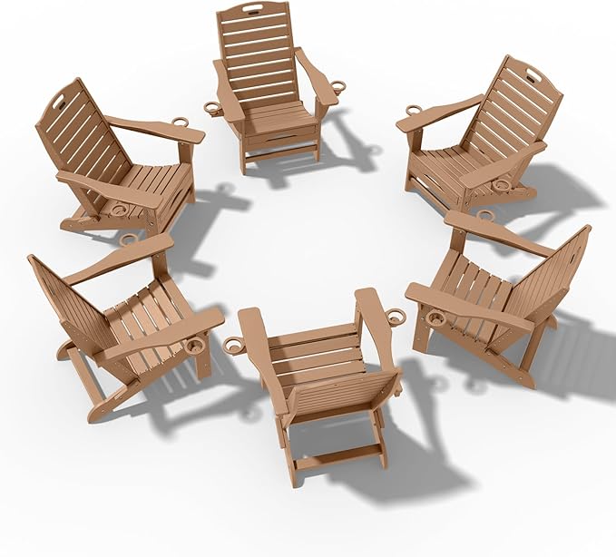 Folding Adirondack Chairs Set of 6,Adirondack Chair with Retractable Ottoman,Plastic Adirondack Chairs with 2 Cup Holder,Weather Resistant Patio Chair,Outdoor Chairs Set of 6(Teak)